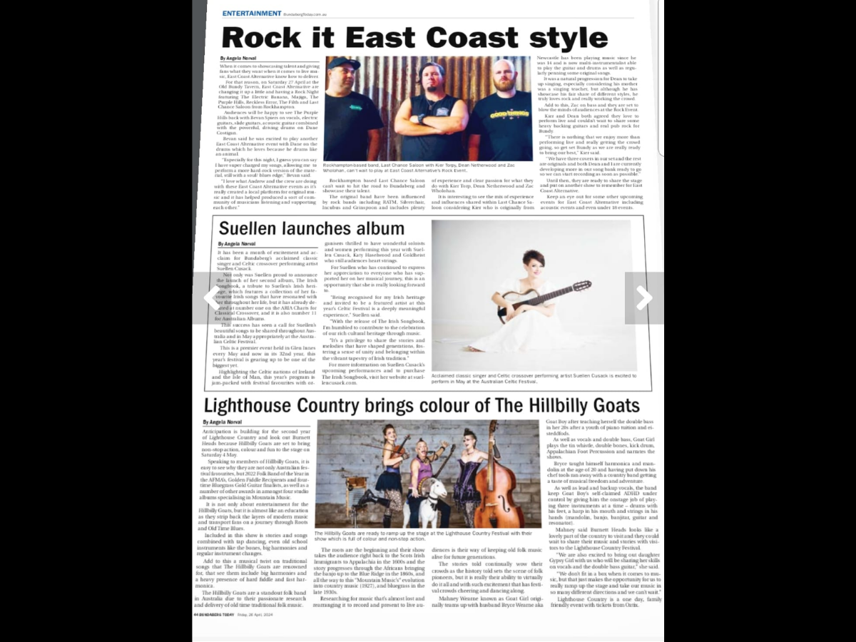 Full newspaper page from Bundaberg Today Rock it East Coast article published 26 April 2024